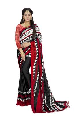 Black printed crepe saree with blouse 1