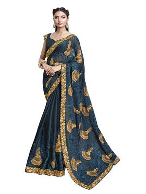 Blue embroidered satin saree with blouse 1