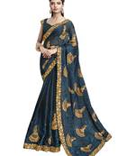 Blue embroidered satin saree with blouse