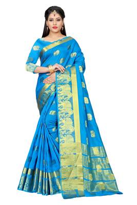 Blue woven cotton silk saree with blouse 1