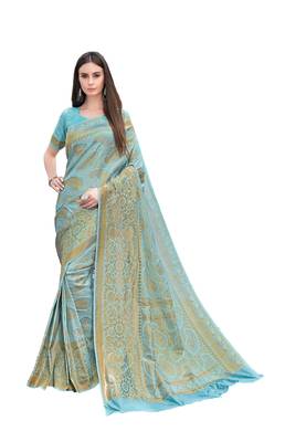 Blue woven jacquard saree with blouse 1