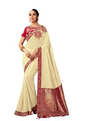 Cream embroidered silk blend saree with blouse 1