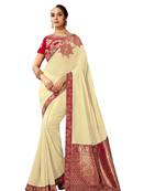 Cream embroidered silk blend saree with blouse