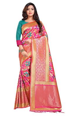 Dark pink woven art silk saree with blouse 1