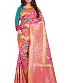 Dark pink woven art silk saree with blouse