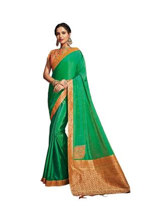 Green embroidered silk blend saree with blouse 1