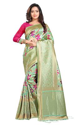 Green woven art silk saree with blouse 1