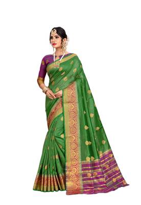 Green woven cotton silk saree with blouse 1