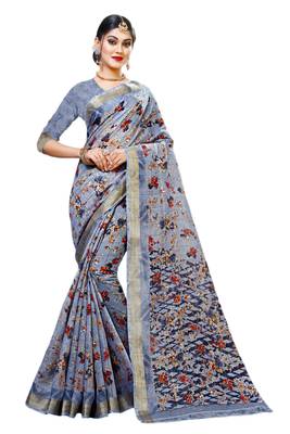 Grey printed cotton silk saree with blouse 1