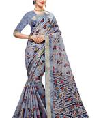 Grey printed cotton silk saree with blouse