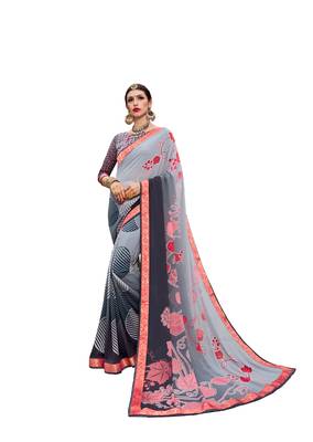 Grey printed  georgette saree with blouse 1