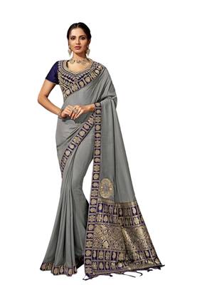 Grey embroidered silk blend saree with blouse 1