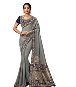 Grey embroidered silk blend saree with blouse