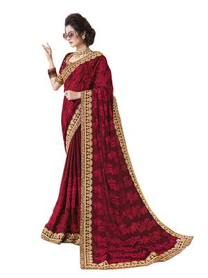 Maroon embroidered chiffon saree with blouse 1