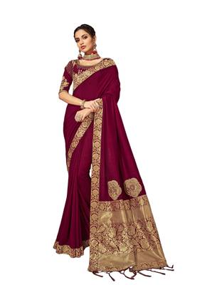 Maroon embroidered silk blend saree with blouse 1
