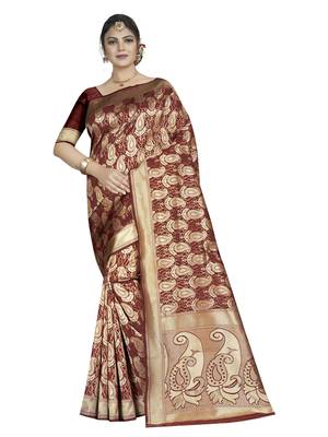 Maroon woven art silk saree with blouse 1