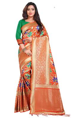Orange woven art silk saree with blouse 1