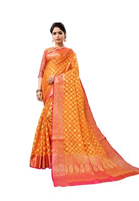 Orange woven art silk saree with blouse 1