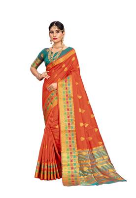 Orange woven cotton silk saree with blouse 1
