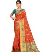 Orange woven cotton silk saree with blouse