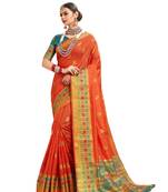 Orange woven cotton silk saree with blouse