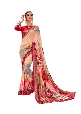 Peach printed  georgette saree with blouse 1