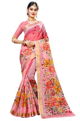 Pink printed cotton silk saree with blouse 1