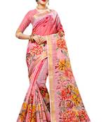 Pink printed cotton silk saree with blouse