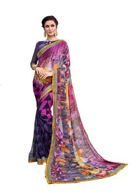 Pink printed  georgette saree with blouse 1