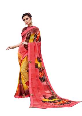 Pink printed  georgette saree with blouse 1