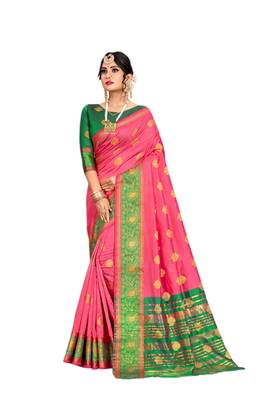Pink woven cotton silk saree with blouse 1