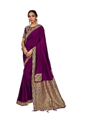Purple embroidered silk blend saree with blouse 1
