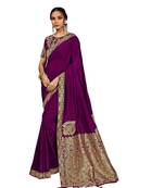 Purple embroidered silk blend saree with blouse