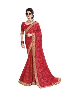 Red embroidered chiffon saree with blouse 1