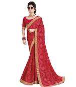 Red embroidered chiffon saree with blouse