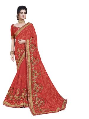 Red embroidered georgette saree with blouse 1