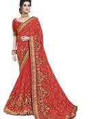 Red embroidered georgette saree with blouse