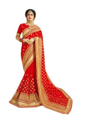 Red embroidered georgette saree with blouse 1