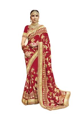 Red embroidered georgette saree with blouse 1