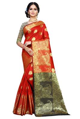 Red woven art silk saree with blouse 1