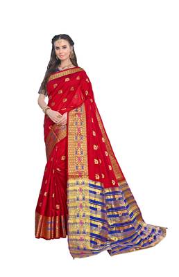 Red woven art silk saree with blouse 1