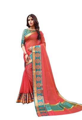 Red woven cotton silk saree with blouse 1