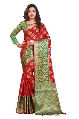 Red woven silk saree with blouse 1