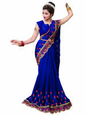 Royal blue embroidered satin saree with blouse 1