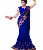 Royal blue embroidered satin saree with blouse