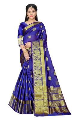 Royal blue woven cotton silk saree with blouse 1