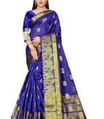 Royal blue woven cotton silk saree with blouse