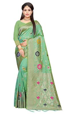 Sea green woven art silk saree with blouse 1
