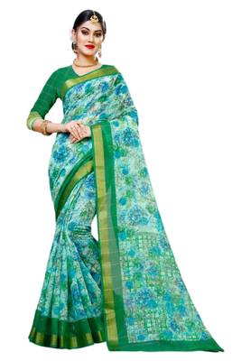 Sky blue printed cotton silk saree with blouse 1