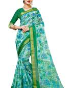 Sky blue printed cotton silk saree with blouse